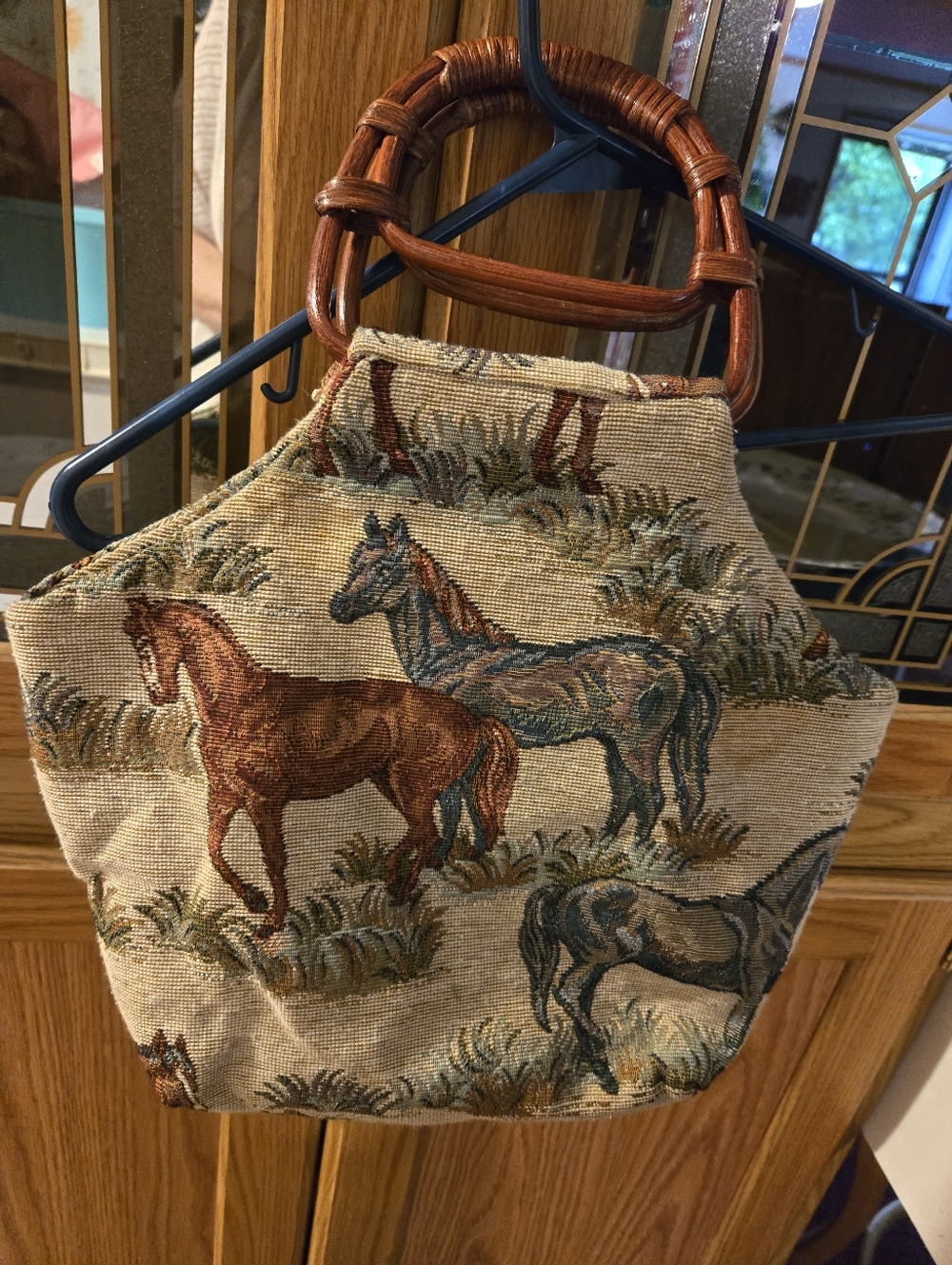Woven Horse Tapestry Tote Bag with Wooden Handles - Beige/Brown